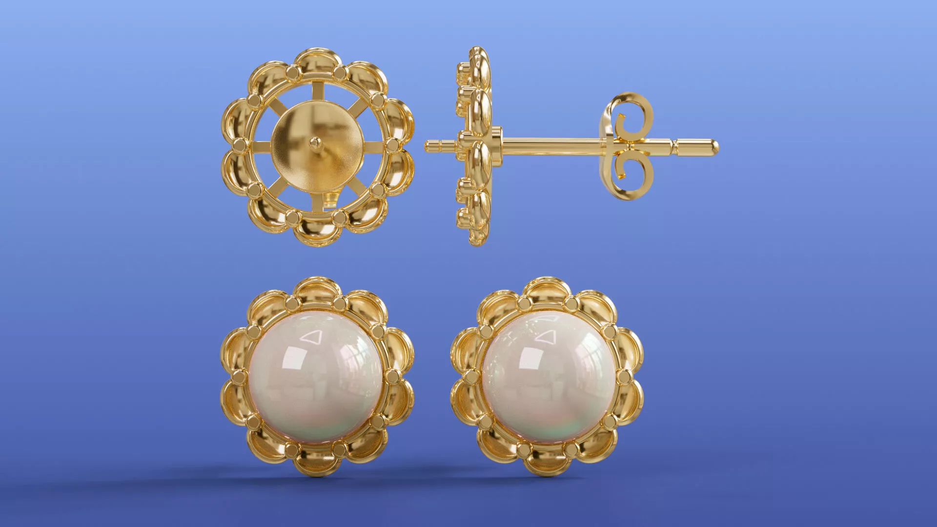 Elegant 8mm Pearl Flower Stud Earrings CAD Design 3D print model
