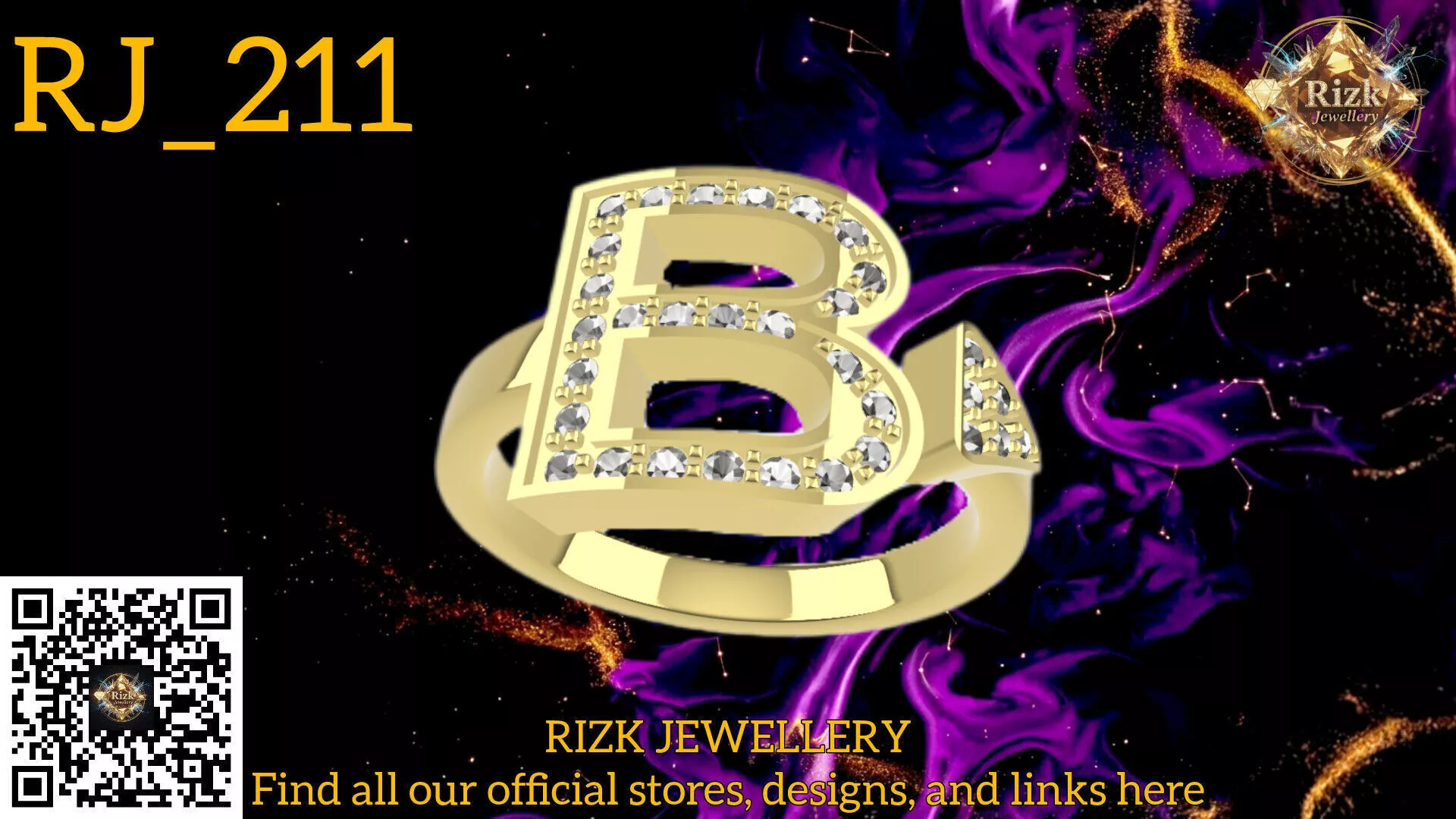 Initial Letter B Diamond Ring Style 5 Model RJ 211 3D print model
