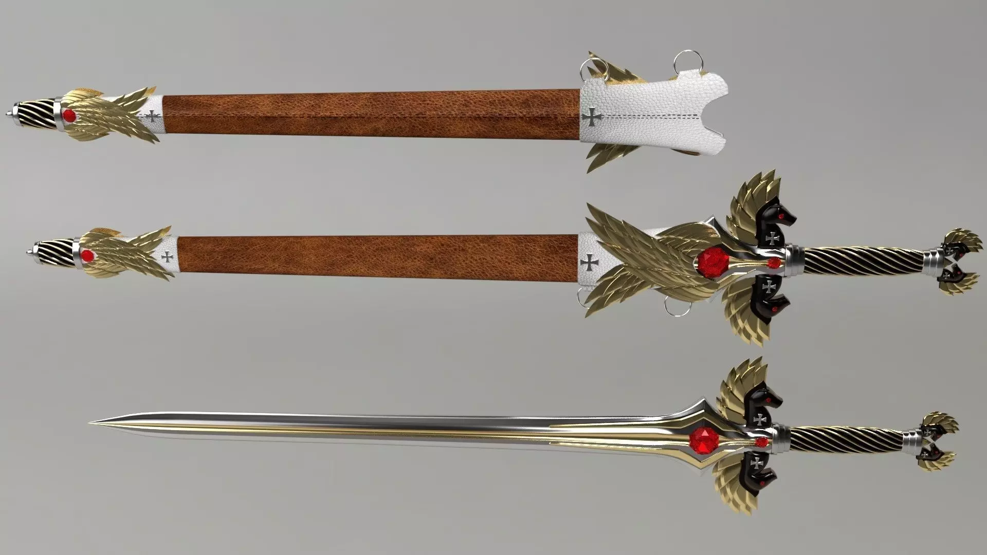 Sword and Sheath Medieval  Maltese Knights Cross Low-poly 3D model_0