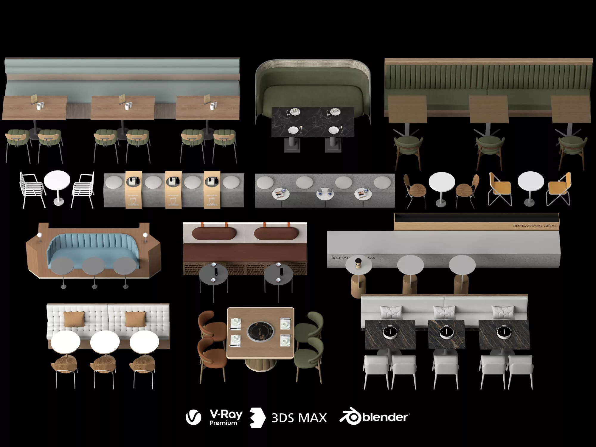 Cafe Restaurant Booth Table Chair Combination 3D Model Pack 3D model