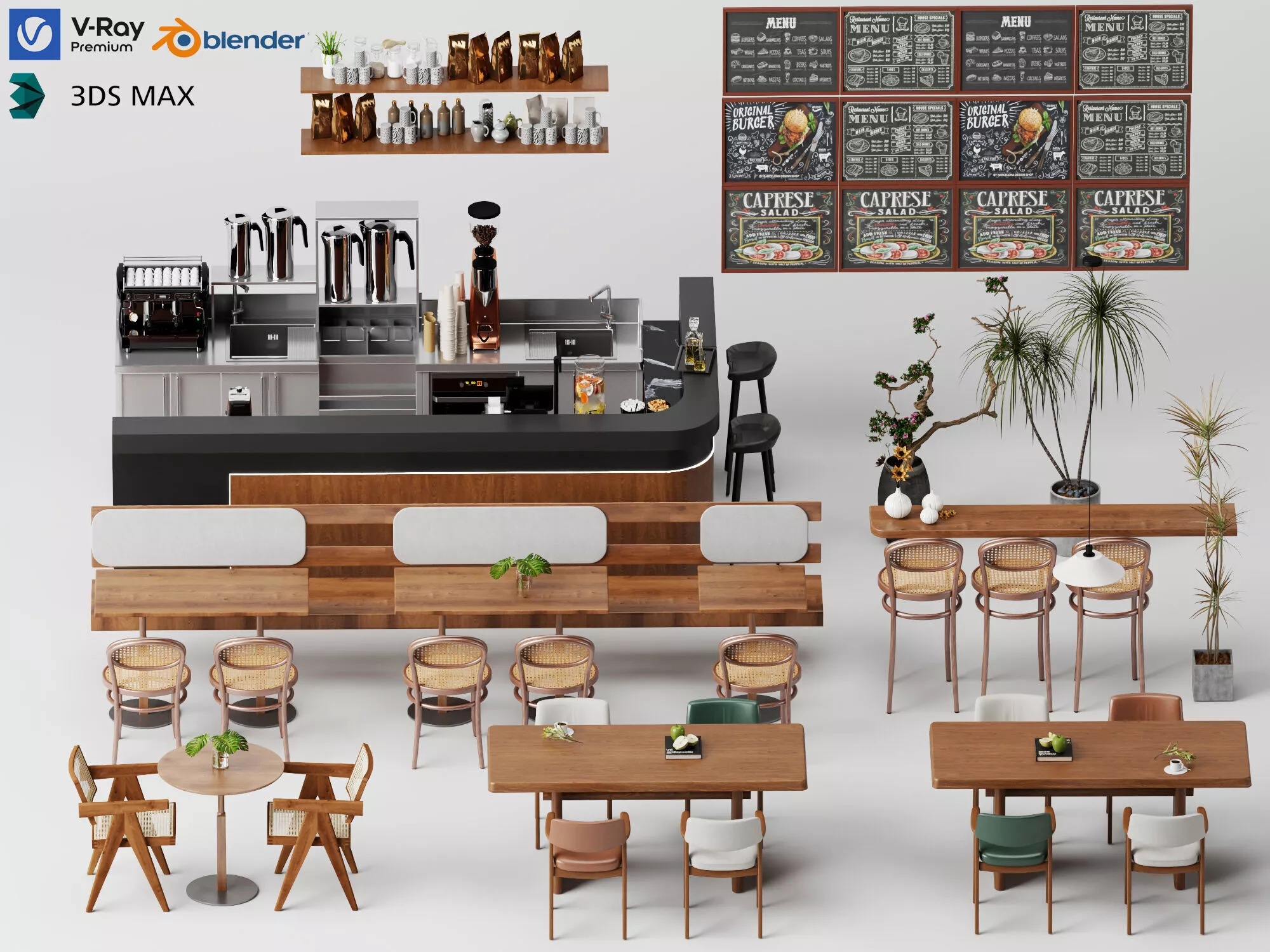 Cafe Bar Counter Dining Furniture Full Scene 3D Model 3D model