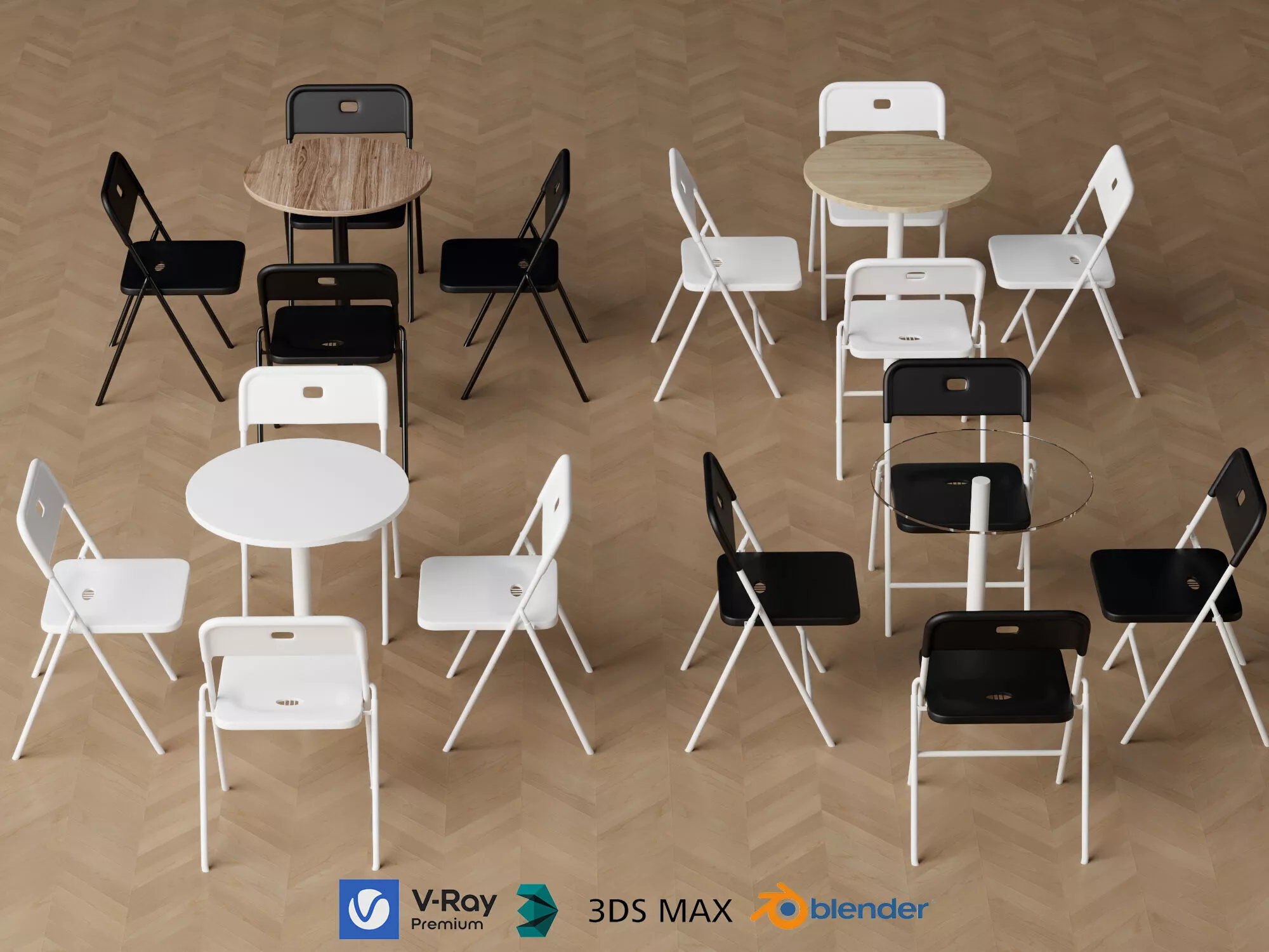 Folding Chairs and Round Tables Set Low-poly 3D model