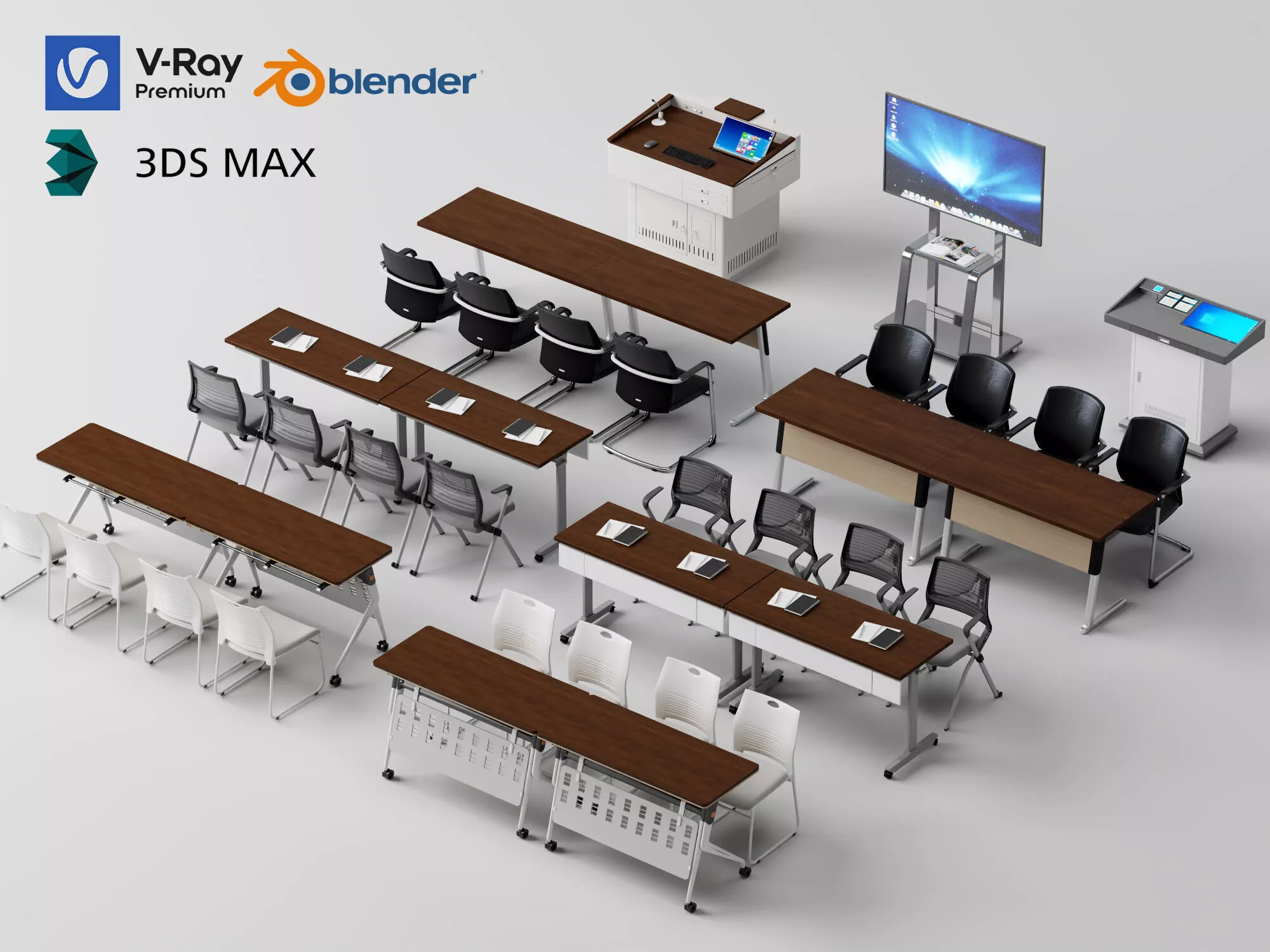 Training Classroom Desk Chair Podium Combination 3D Model Pack 3D model