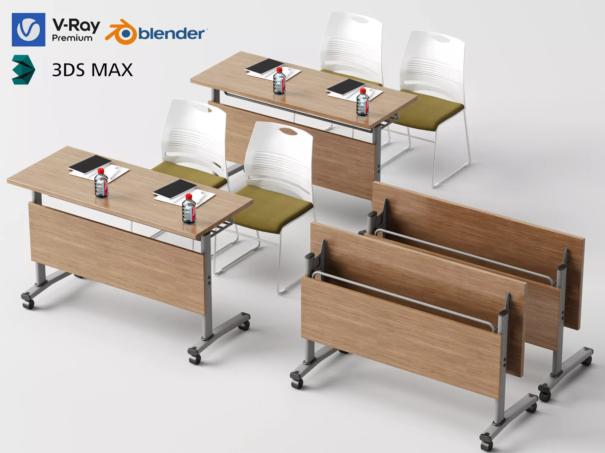 Foldable Training Desk Chair Set 3D Model 3D model