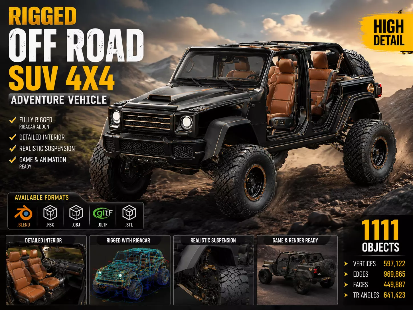 Rigged Off Road SUV 4x4 Adventure Vehicle 3D Model Pack Low-poly 3D model