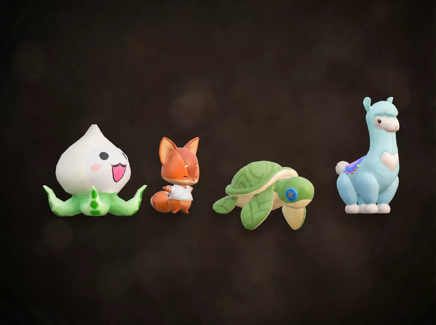 4 Stylized Plush Toys Pack - Hand-Painted Stuffed Animals Bundle Low-poly 3D model