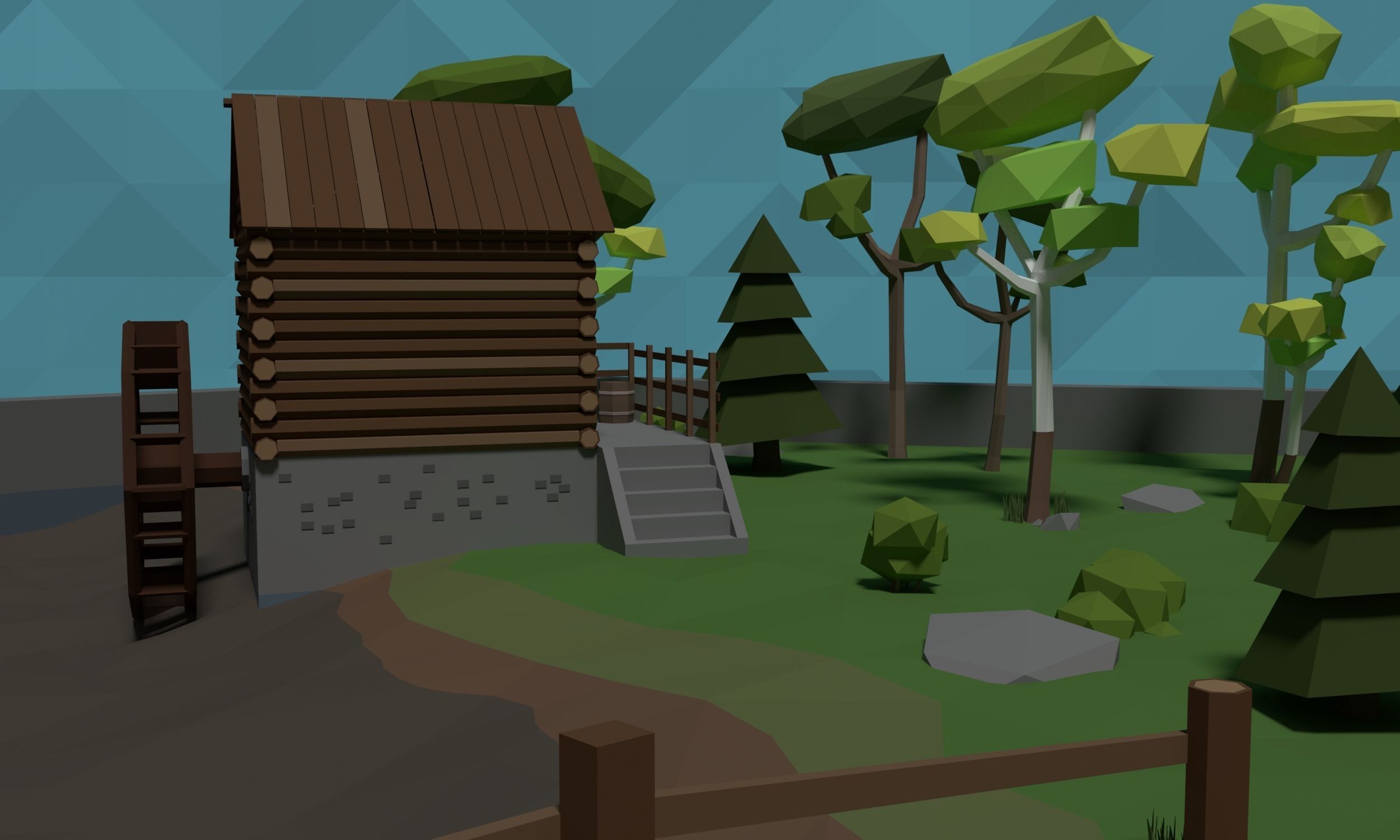 LowPoly Watermill in a forest Scene Low-poly 3D model_3