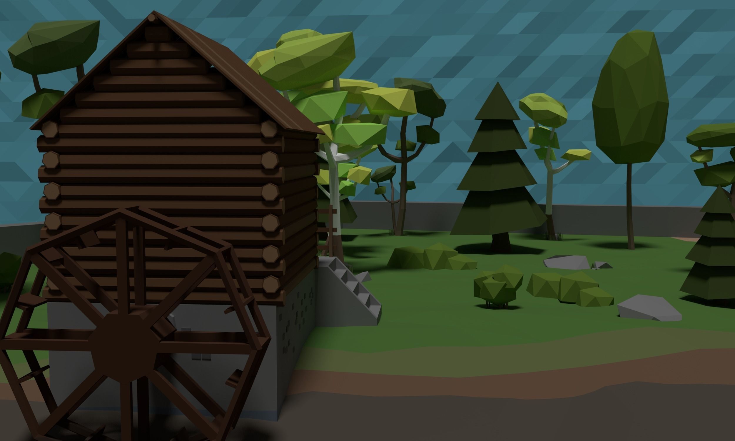 LowPoly Watermill in a forest Scene Low-poly 3D model_5