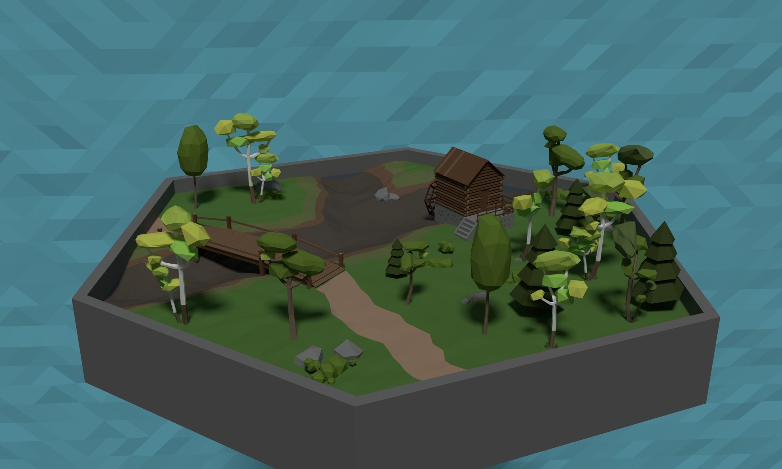 LowPoly Watermill in a forest Scene Low-poly 3D model_1