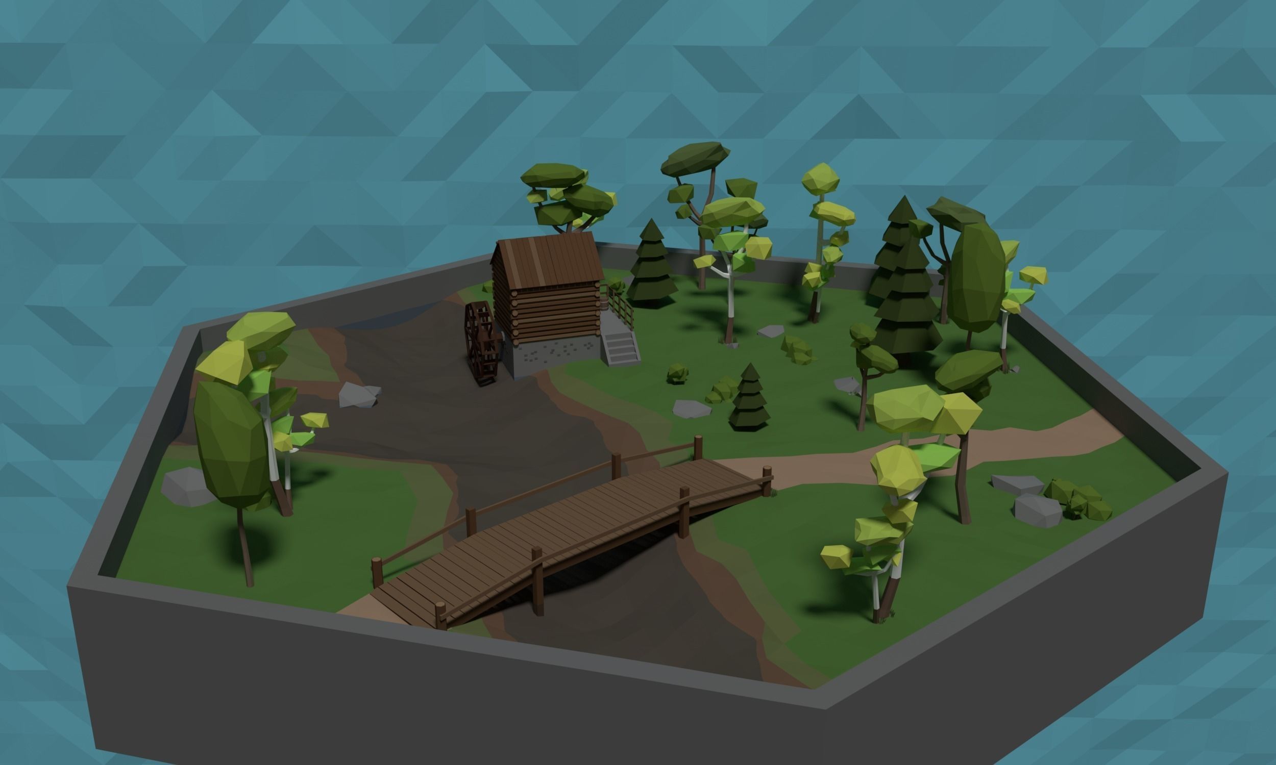 LowPoly Watermill in a forest Scene Low-poly 3D model_0