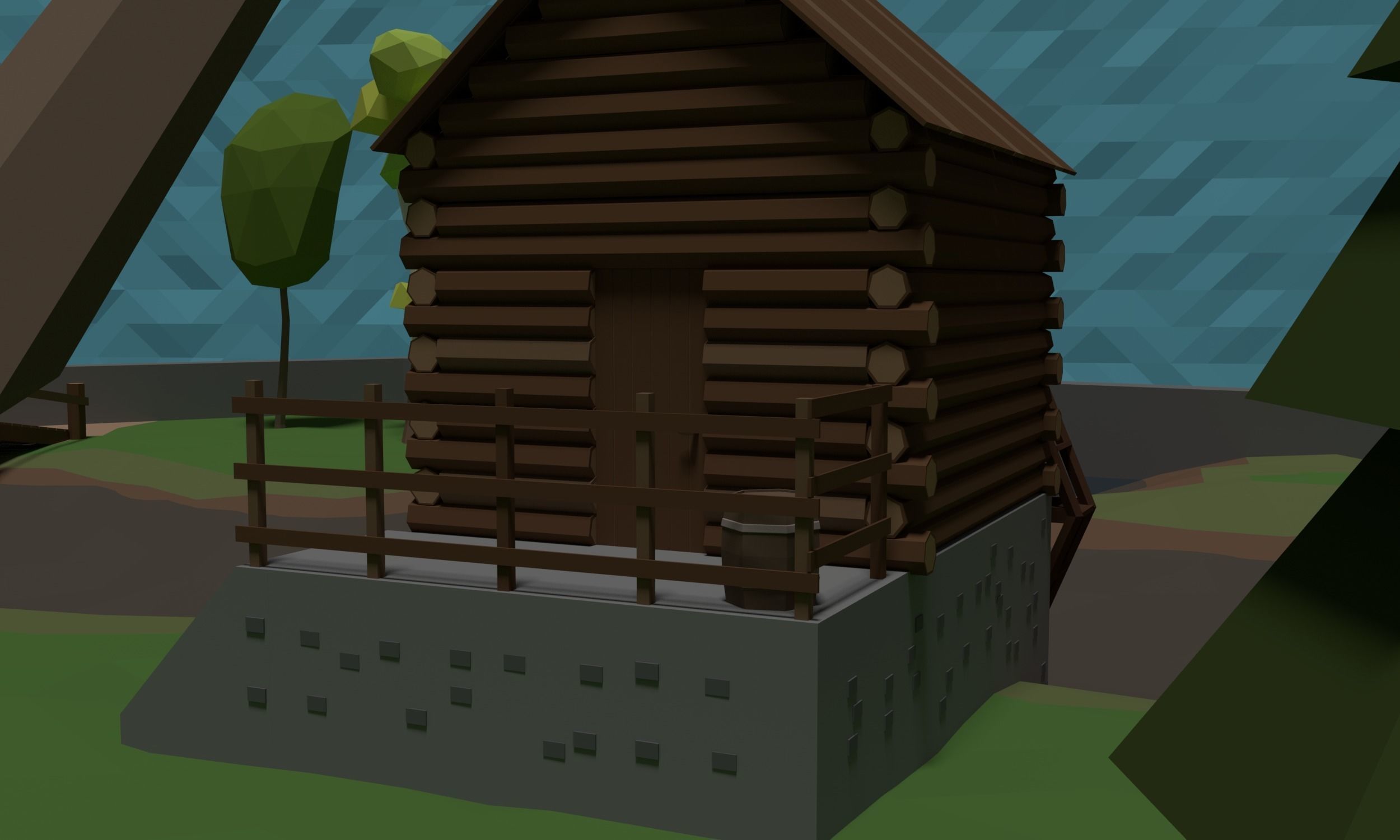 LowPoly Watermill in a forest Scene Low-poly 3D model_6