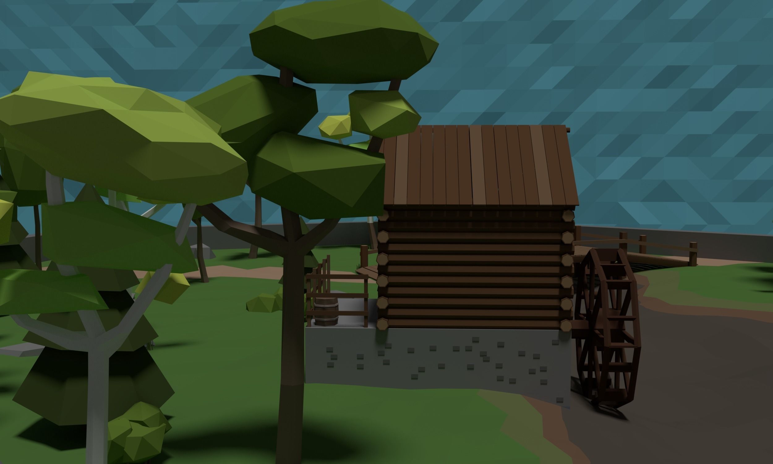 LowPoly Watermill in a forest Scene Low-poly 3D model_4