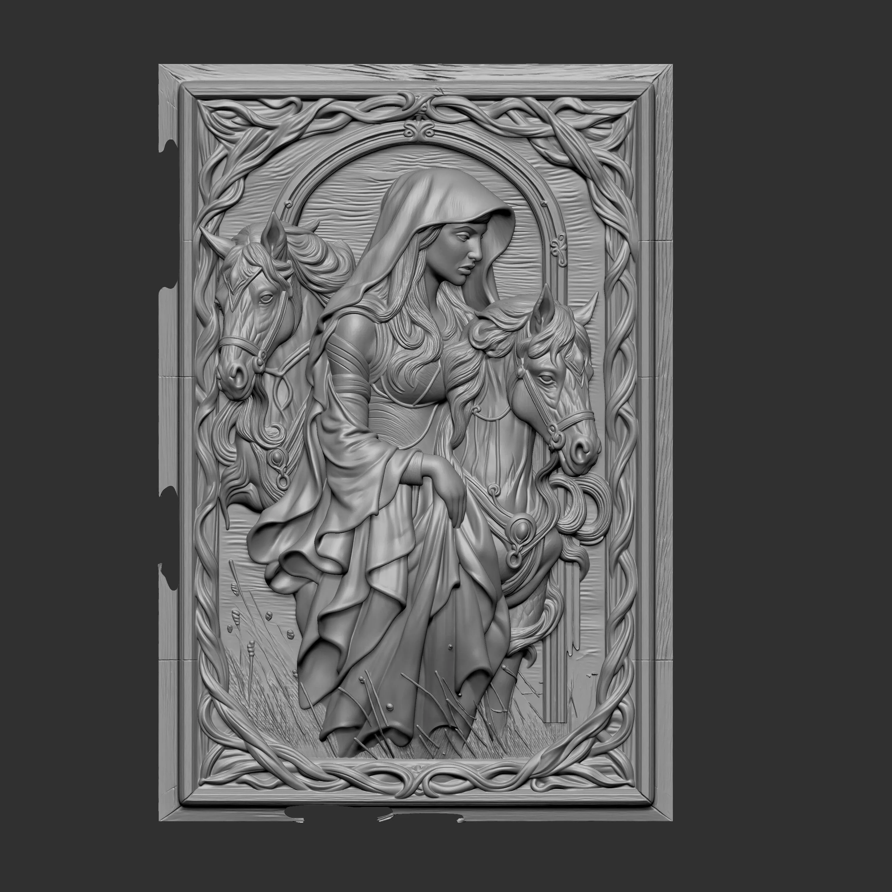 central figure in a hooded robe flanked by two horses 3D print model