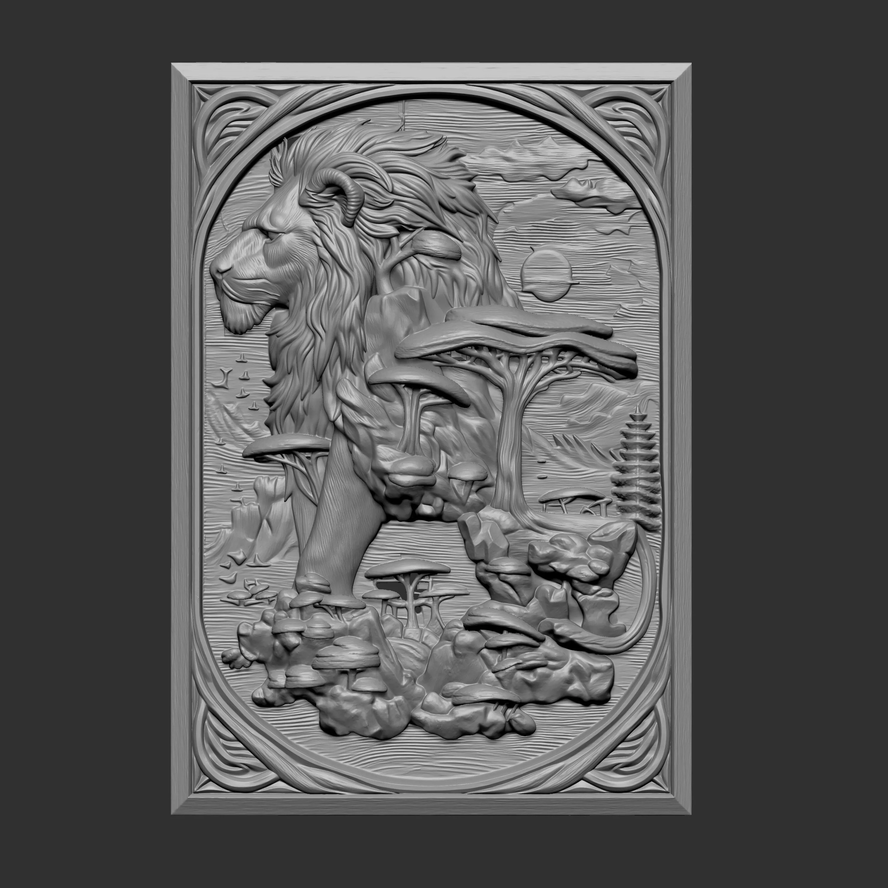 3D sculpture model of a lion with a stylized 3D print model
