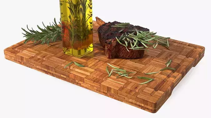 Wooden Board with Meat and Rosemary Oil 3D model 7
