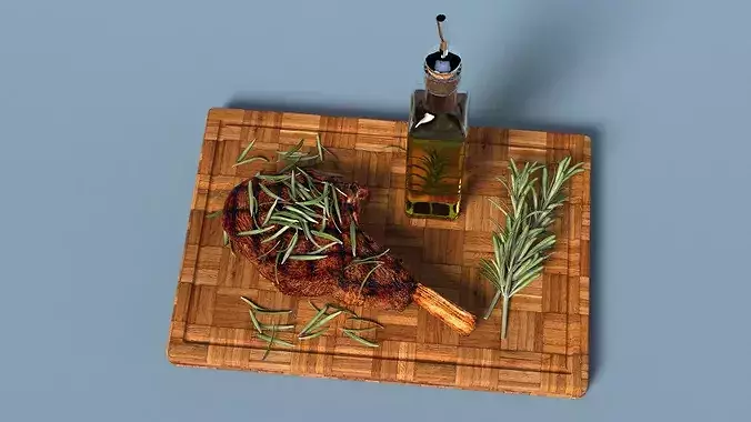 Wooden Board with Meat and Rosemary Oil 3D model 5
