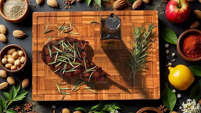 Wooden Board with Meat and Rosemary Oil 3D model 2