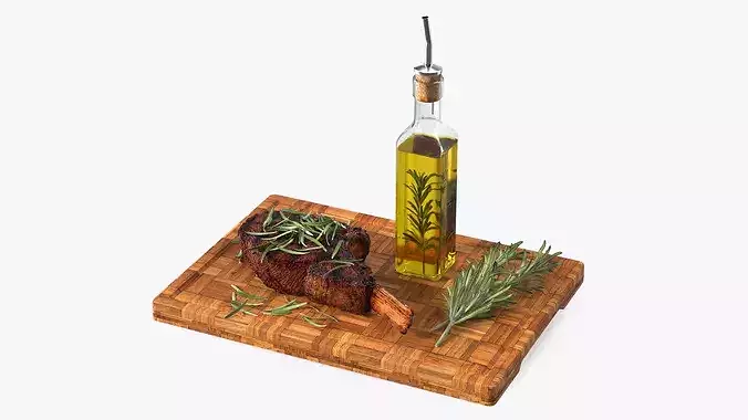 Wooden Board with Meat and Rosemary Oil 3D model