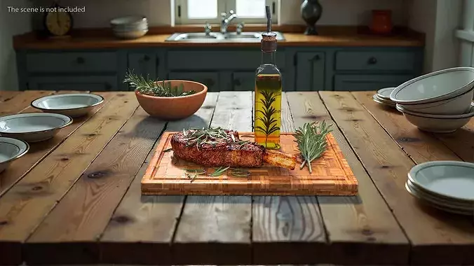 Wooden Board with Meat and Rosemary Oil 3D model 3