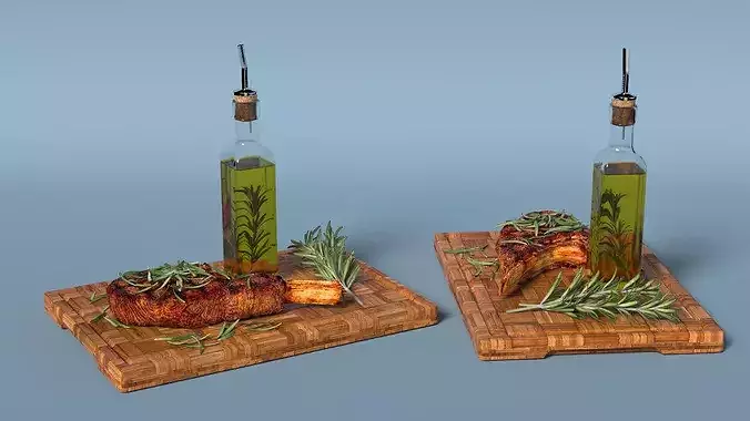 Wooden Board with Meat and Rosemary Oil 3D model 4