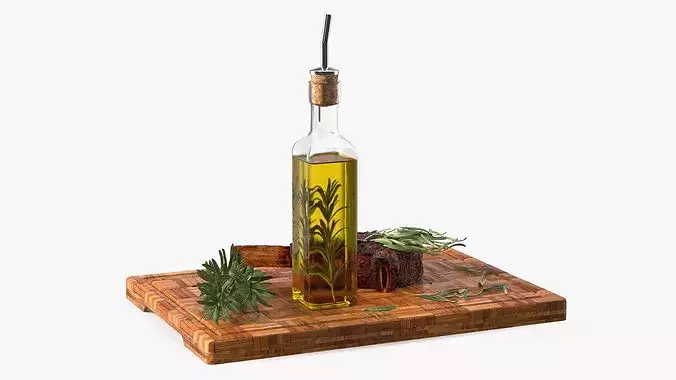 Wooden Board with Meat and Rosemary Oil 3D model 6