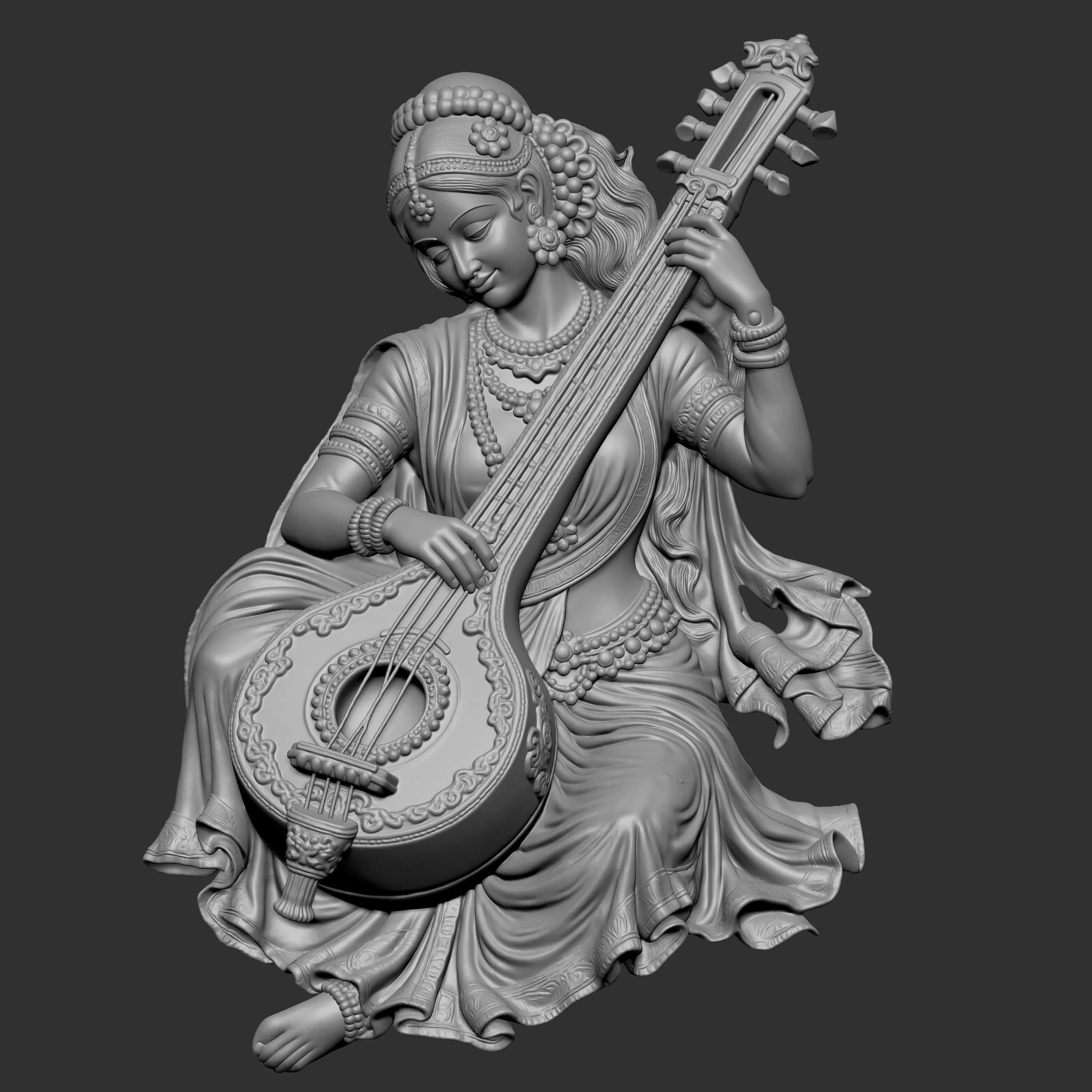 Hindu goddess Saraswati playing a Veena 3D print model