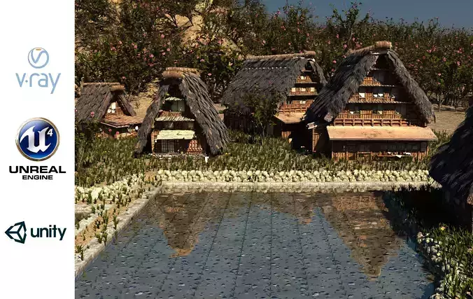 Shirakawago Village Set Low-poly 3D model