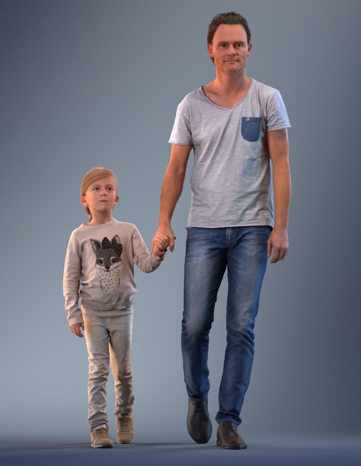 Father and daughter walking 3D model_1
