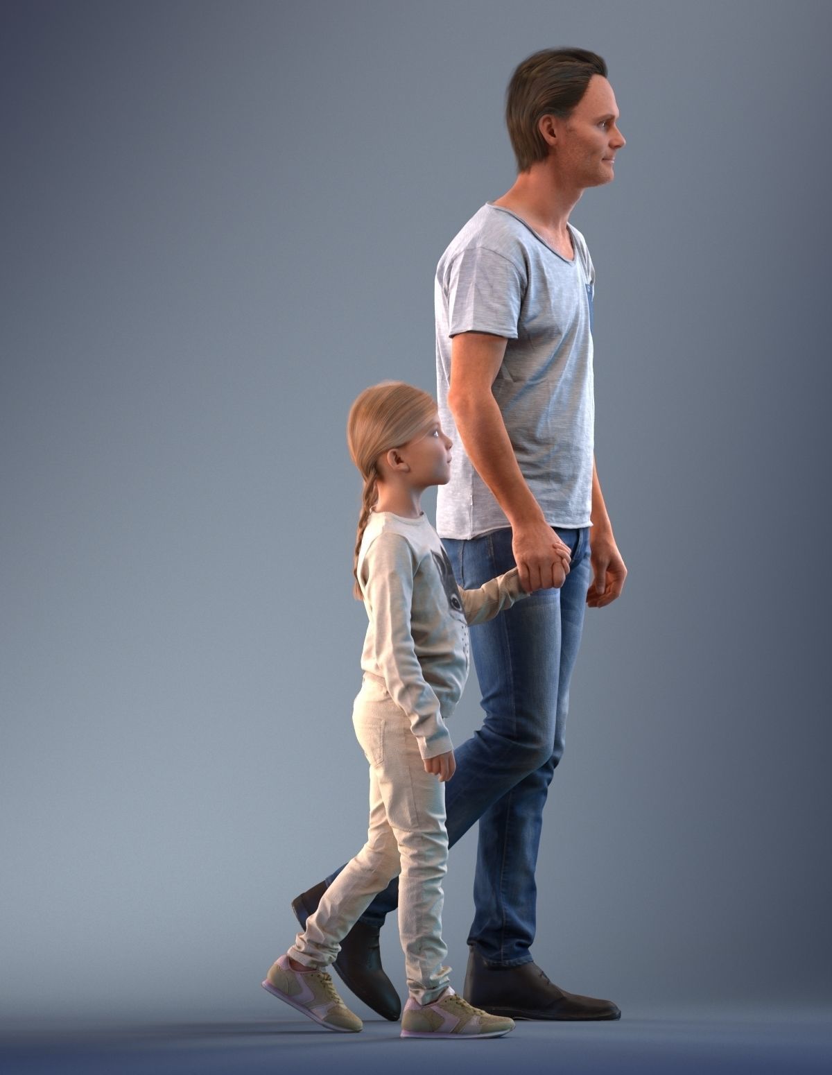Father and daughter walking 3D model_4