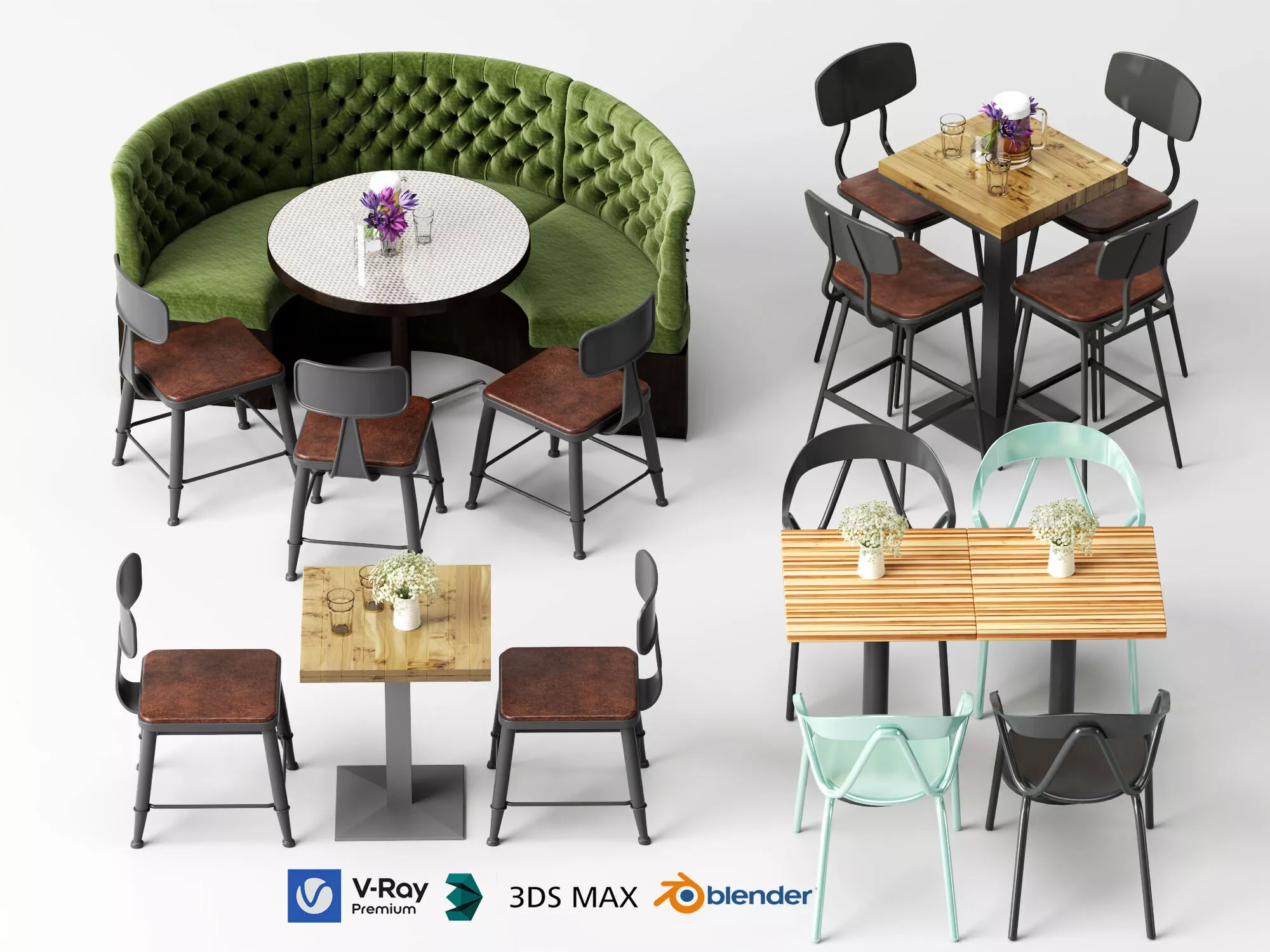 Cafe Restaurant Furniture Collection with Booth Low-poly 3D model