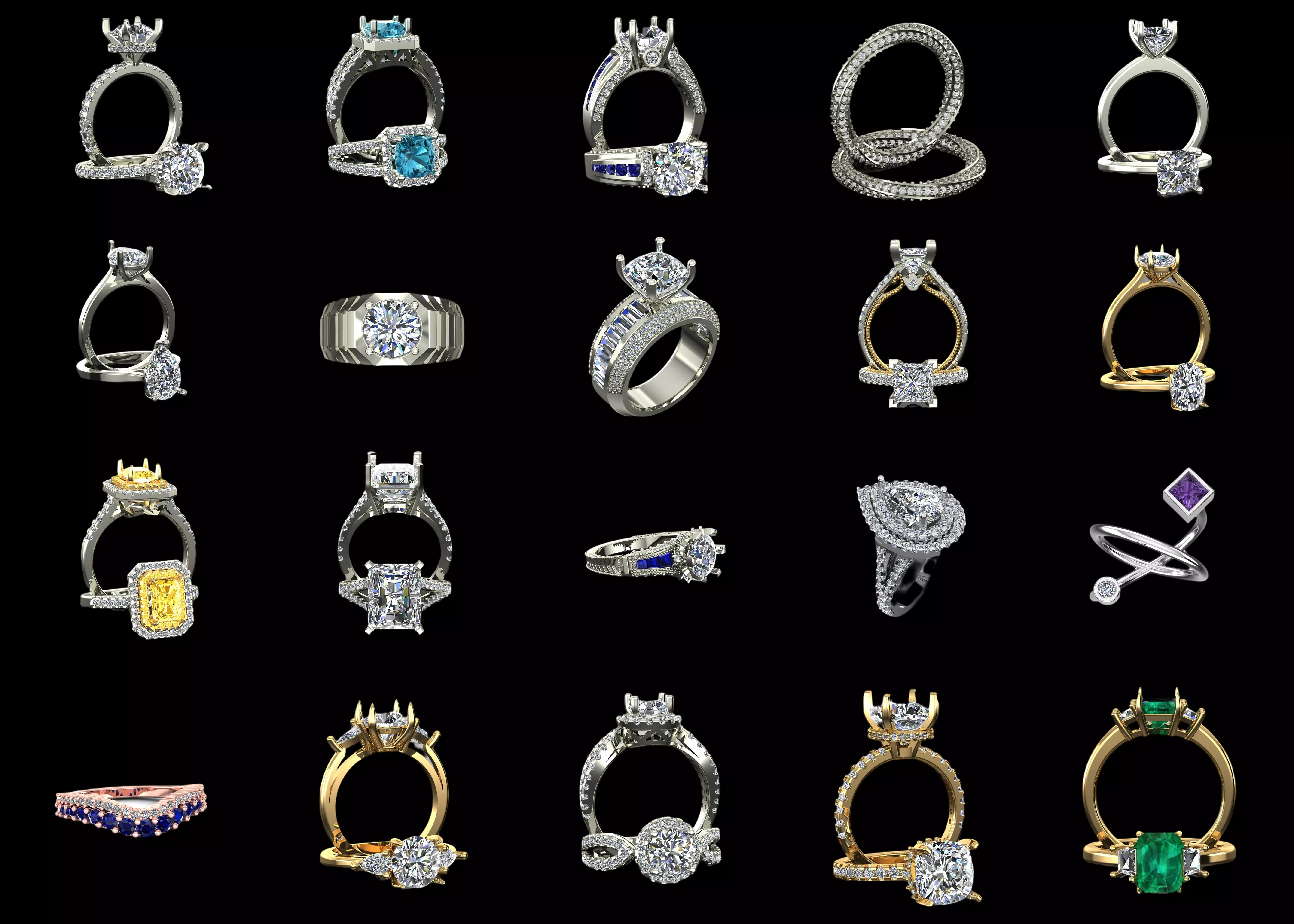20 Designer Ring CAD Models Bundle STL and 3DM Jewelry Pack Set 3D print model