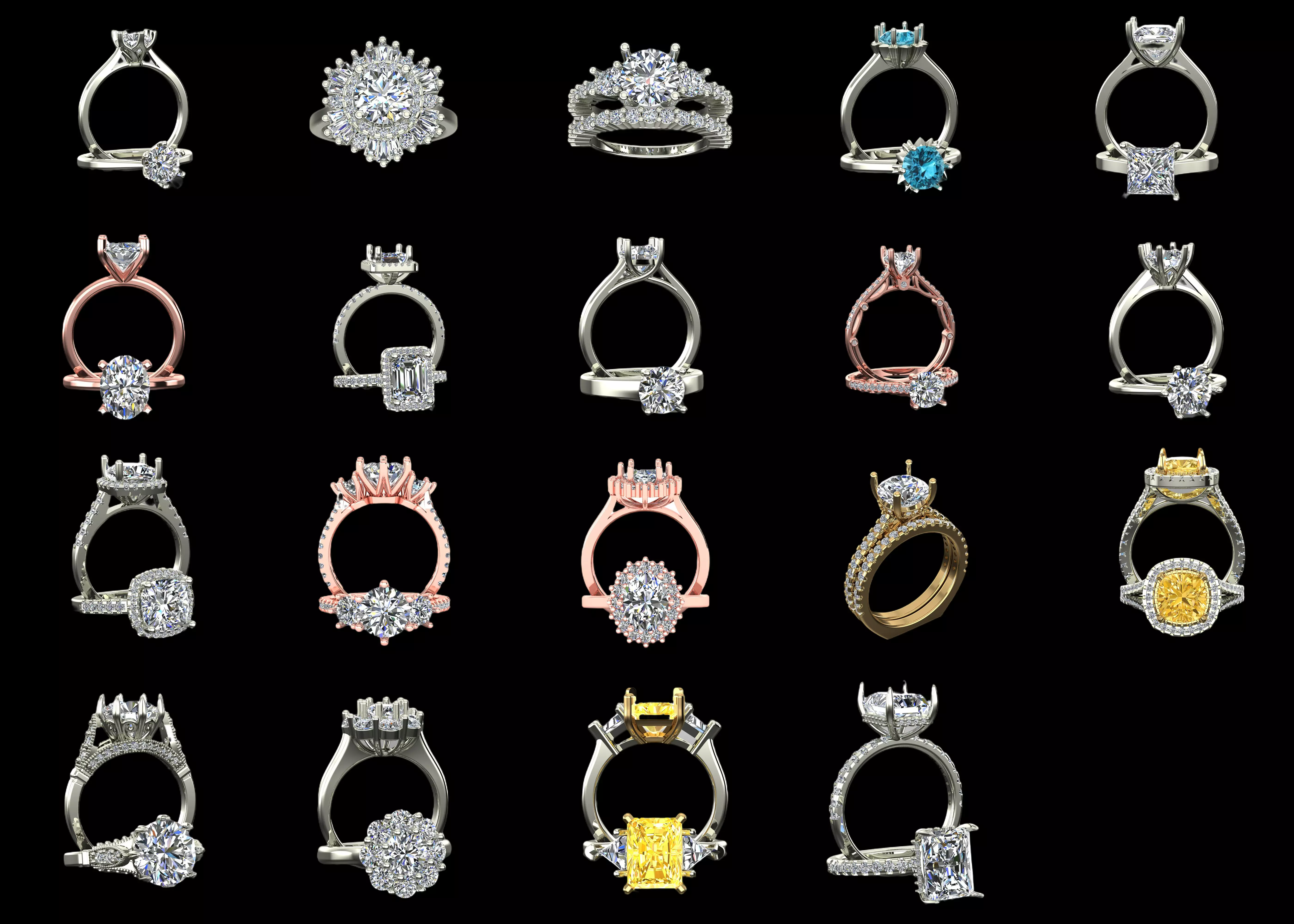 19 Luxury Engagement Ring CAD Models Bundle STL and 3DM Pack 3D print model