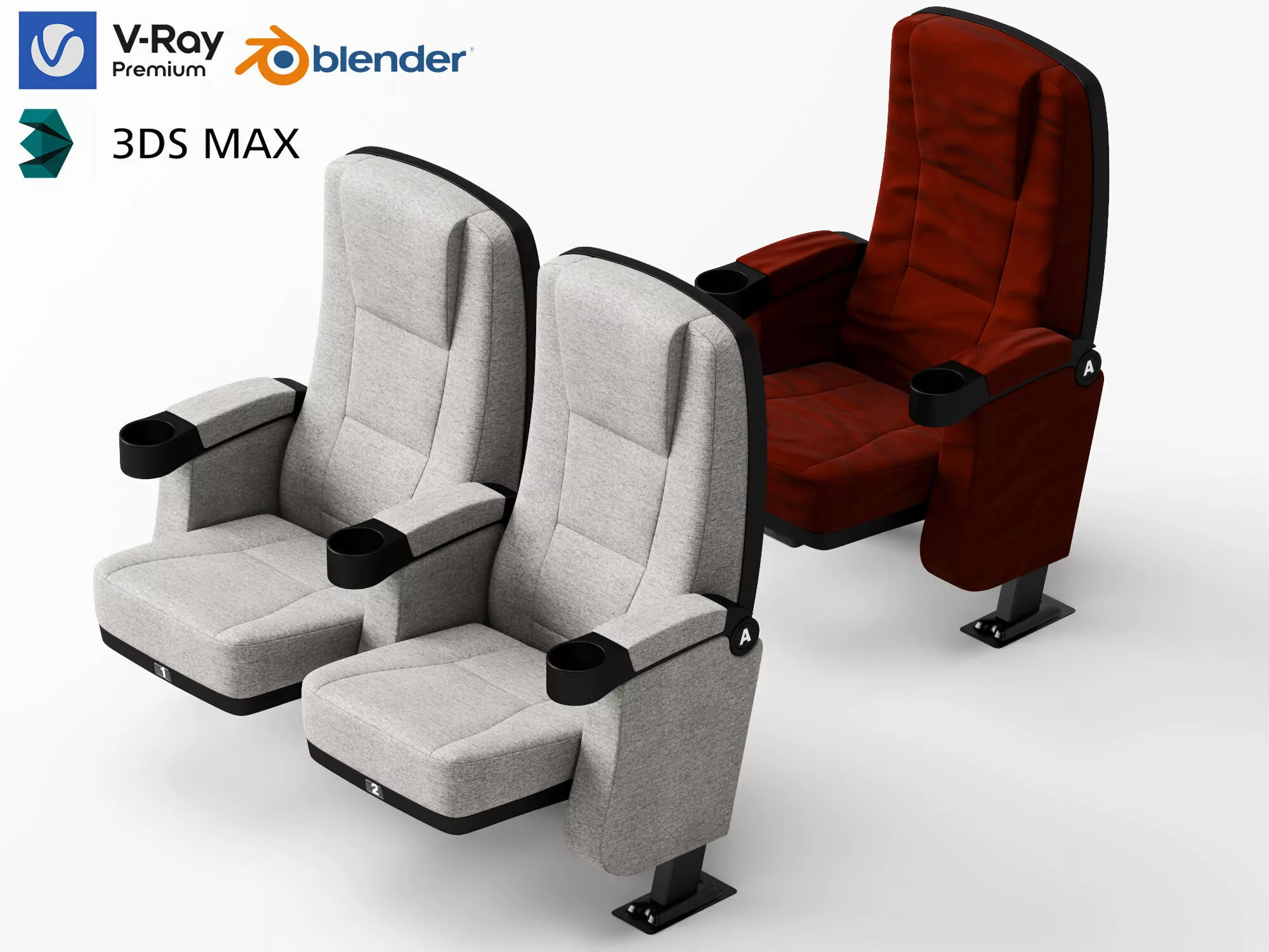 Modern Auditorium Theater Seats with Cup Holders Low-poly 3D model