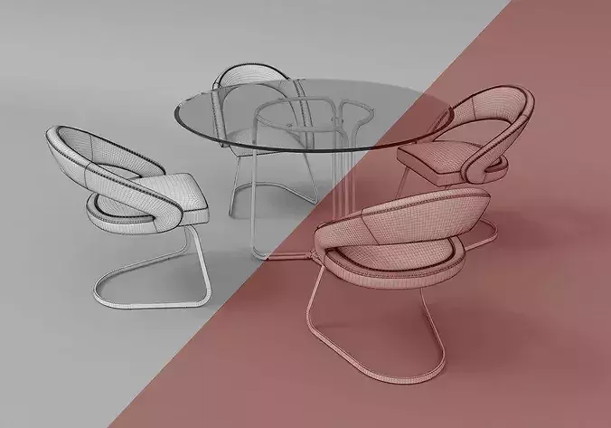 Round Glass Dining Table with Curved Chairs 3D model 7