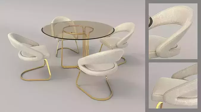 Round Glass Dining Table with Curved Chairs 3D model 3