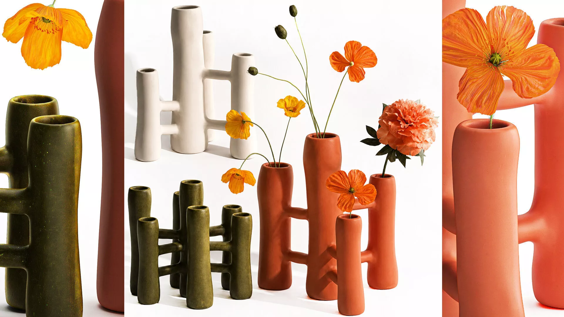 Bouquet lowers Italian ceramic vases poppy peony decor set 3D model
