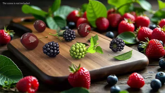 Not Ripe Raspberry with Leaves with Fur 3D model 4