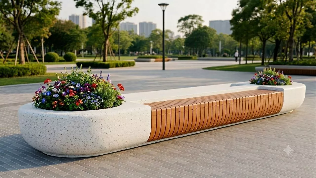 Outdoor park bench wood long chair 3D model