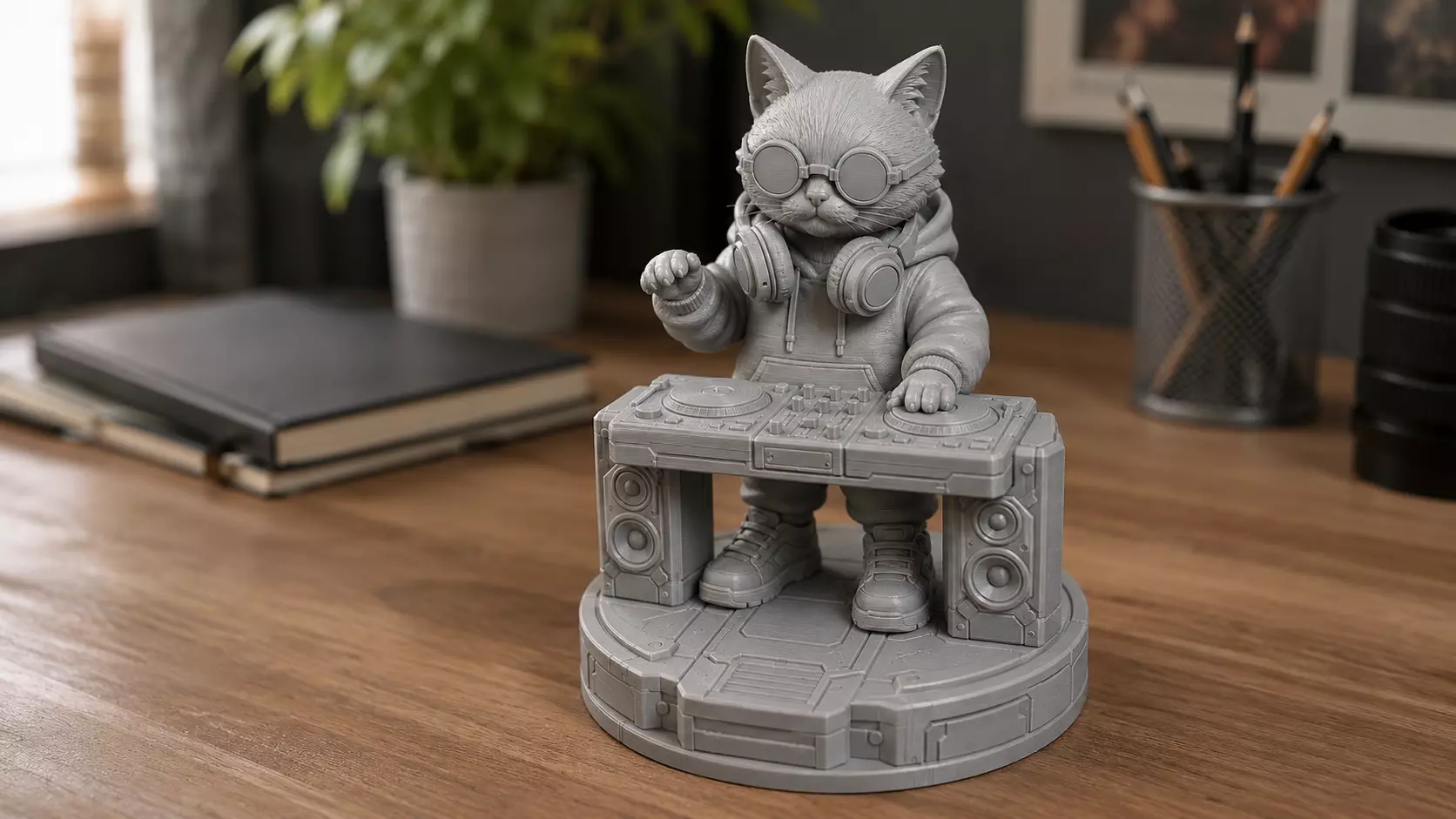 DJ Cat Figurine with Turntable Console Collectible Statue 3D print model