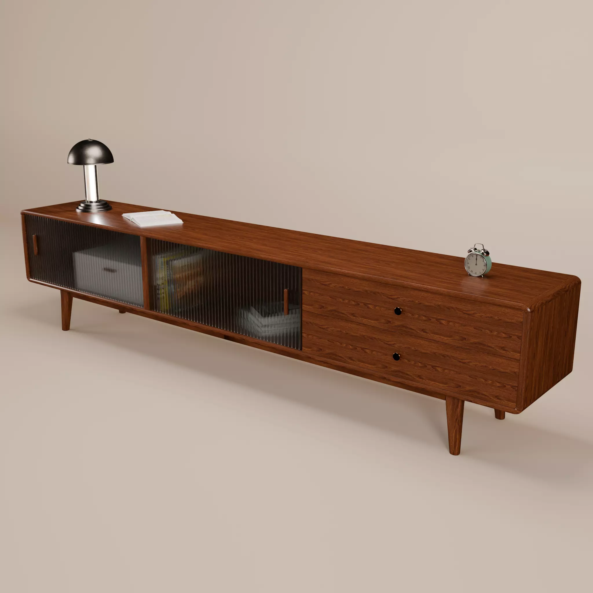 Mid Century Modern Walnut TV Cabinet with Fluted Glass 3D model