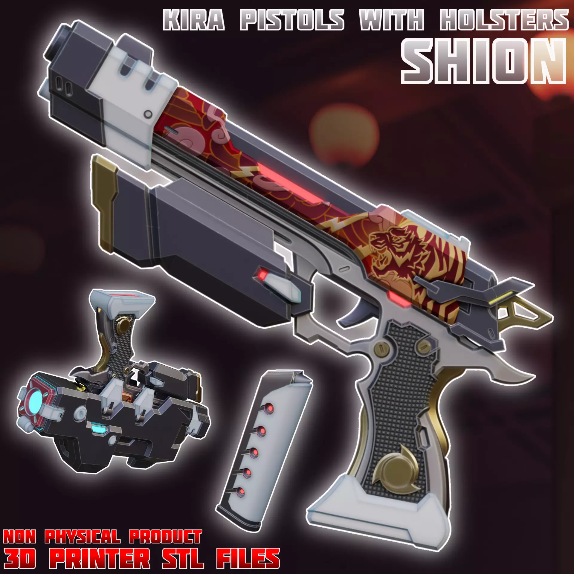 Sci-fi Shion Cosplay Kira Pistols with Holsters Overwatch 3D print model
