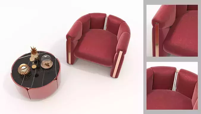 Luxury Velvet Lounge Chair with Coffee Table Set 3D model 2