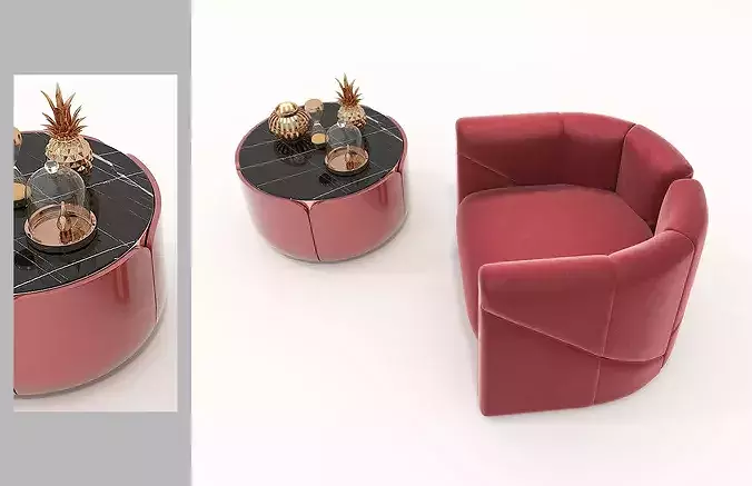 Luxury Velvet Lounge Chair with Coffee Table Set 3D model 6