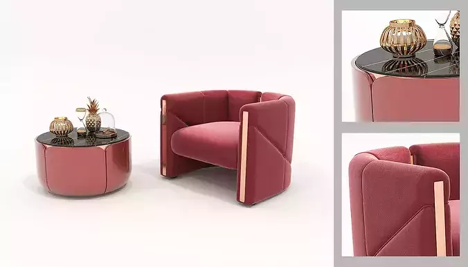 Luxury Velvet Lounge Chair with Coffee Table Set 3D model