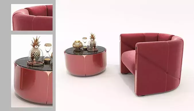 Luxury Velvet Lounge Chair with Coffee Table Set 3D model 3