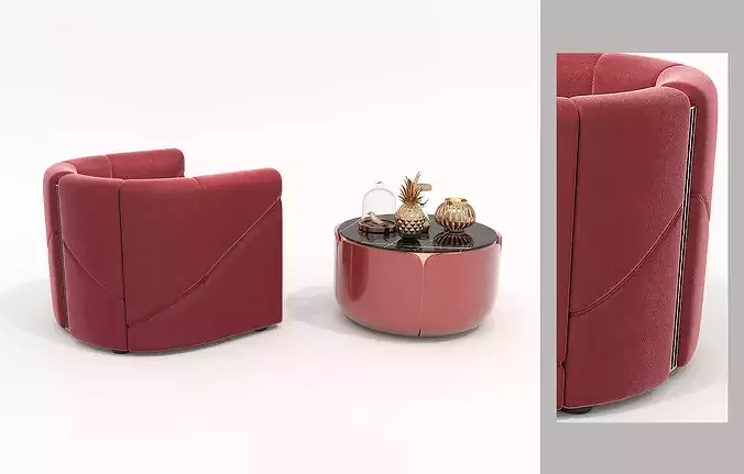 Luxury Velvet Lounge Chair with Coffee Table Set 3D model 4