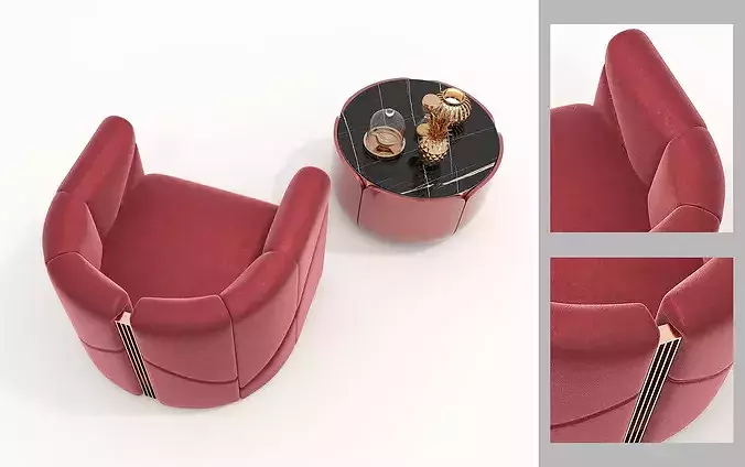 Luxury Velvet Lounge Chair with Coffee Table Set 3D model 5