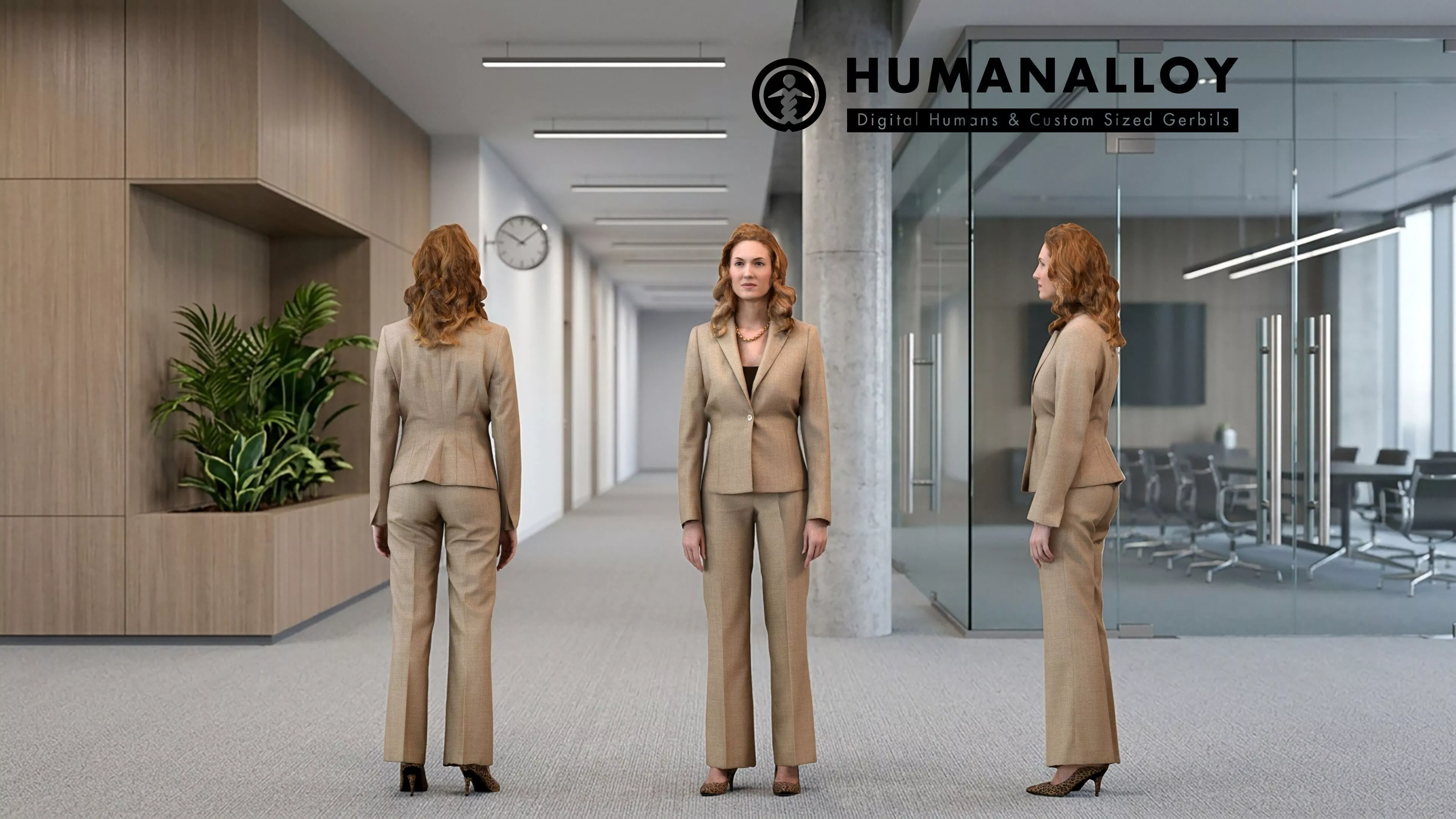 Adult Caucasian woman waiting in office wearing transitional 3D model
