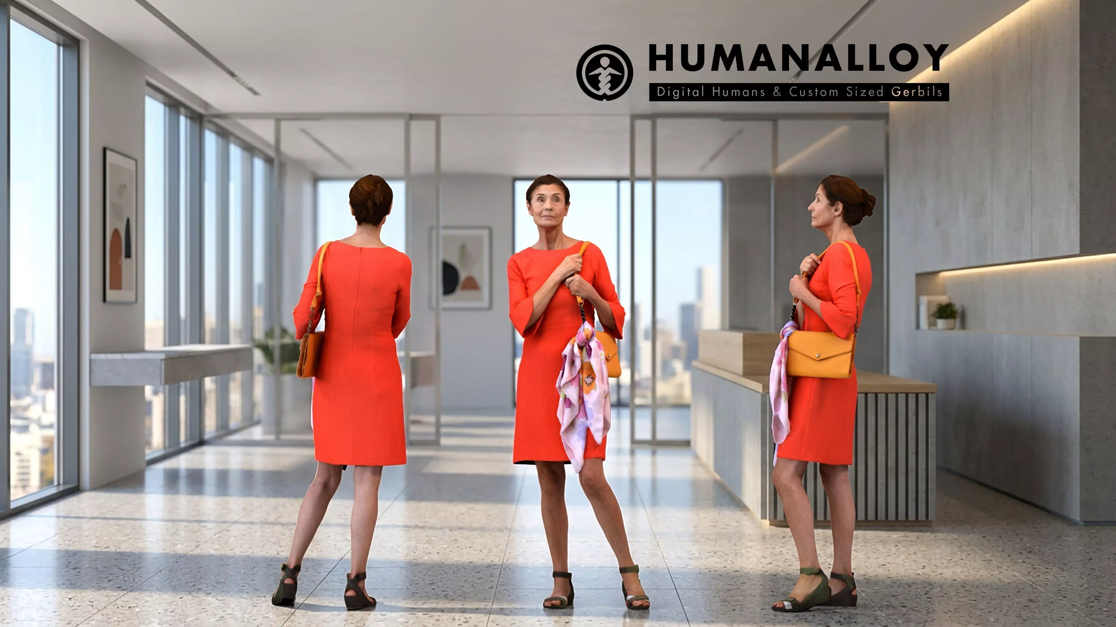 Senior Caucasian woman waiting in office setting with bag 3D model