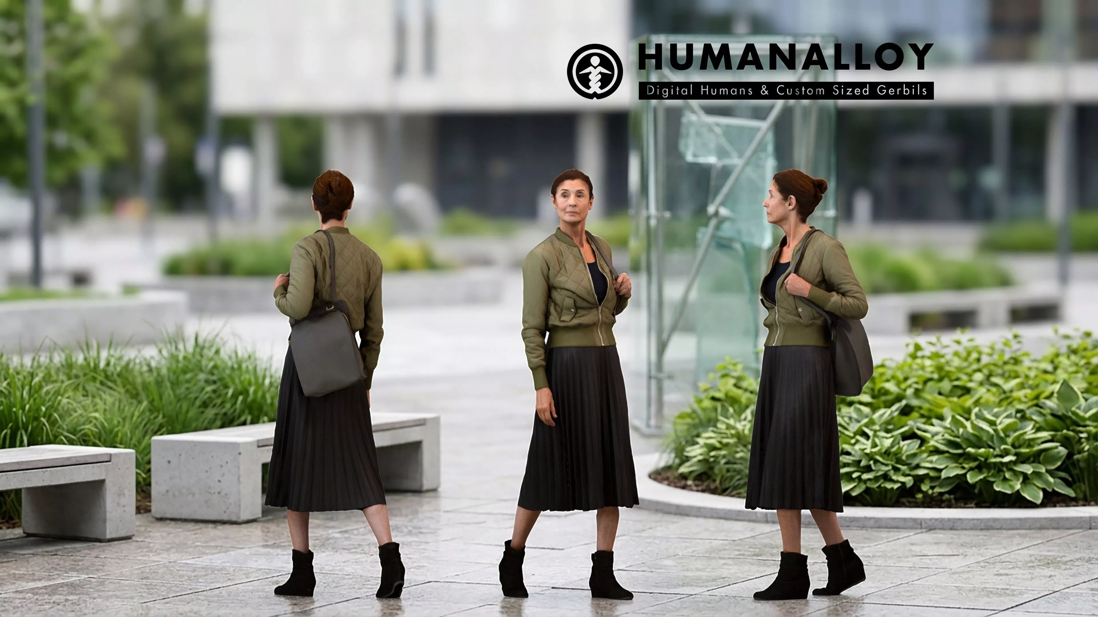 Senior Caucasian woman walking through public space carrying 3D model